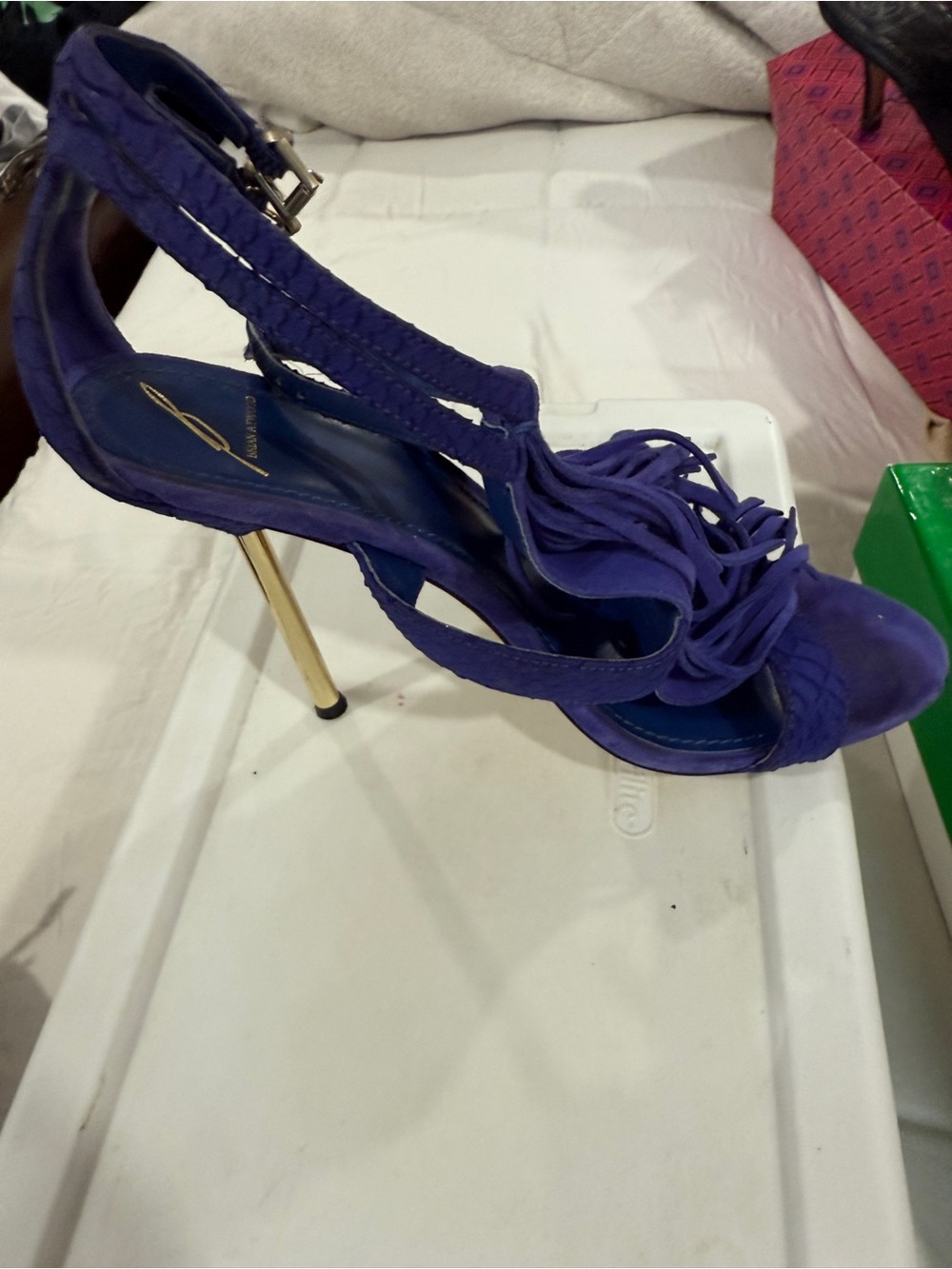 Brian Atwood Purple Suede Fringe Stiletto Sandals